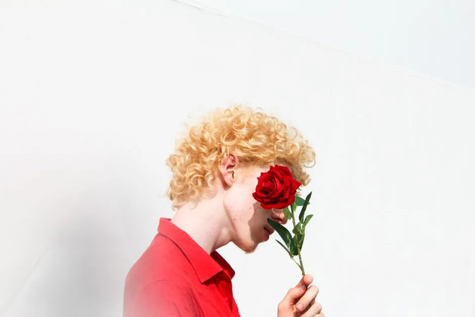 Young man with blonde curls holding a fragrant red rose in front of a white background.