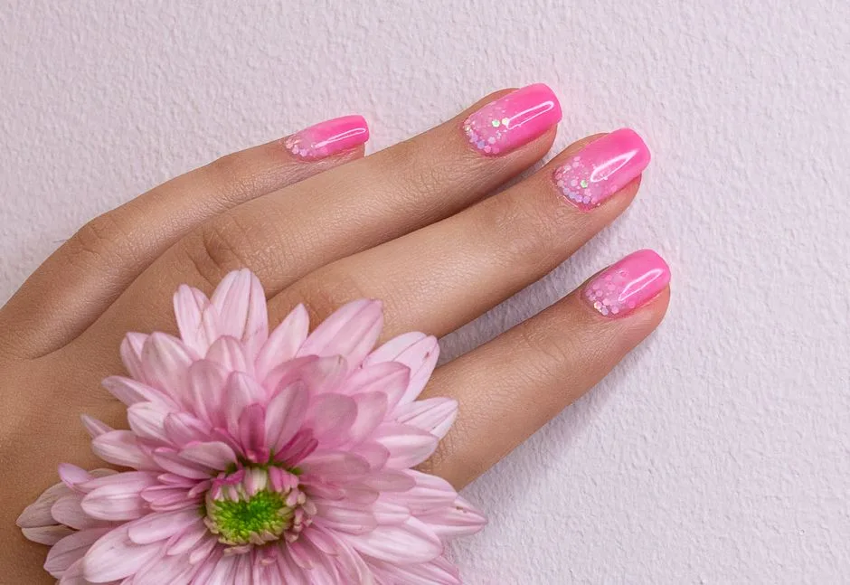 Close-up of a woman's hand with pink manicure and chrysanthemum flower, showcasing trendy nail art.
