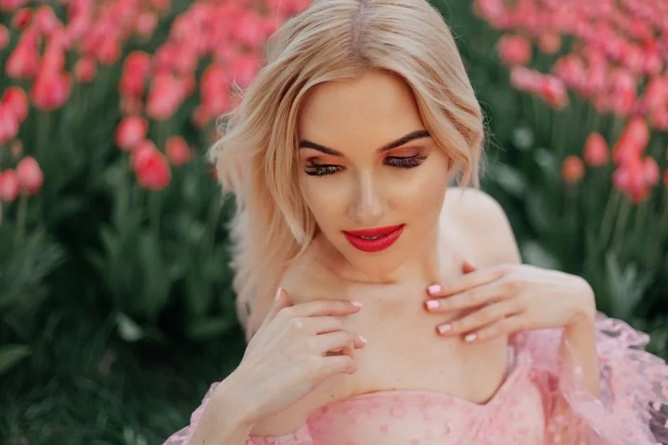 Portrait of a woman with blonde hair and vibrant lipstick surrounded by blooming tulips.