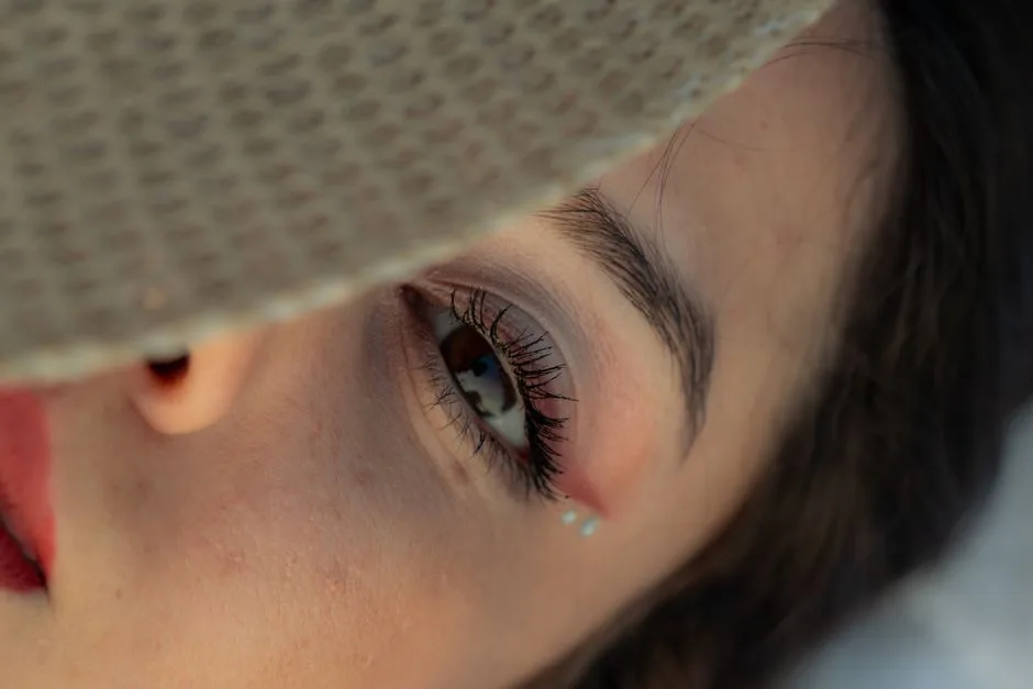 Detailed close-up of a woman's eye shaded by a sun hat, featuring makeup and jewels.