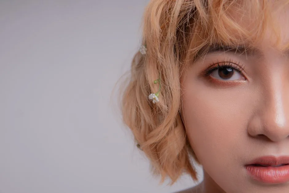 An artistic close-up portrait highlighting a young woman's eye and hairstyle with floral accents.