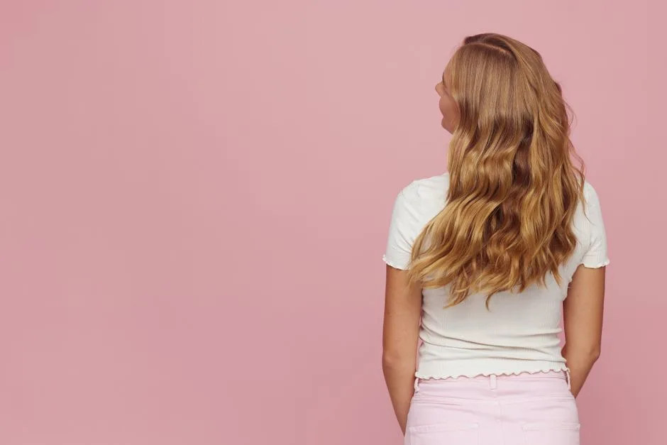 Rear view of woman with long blonde wavy hair against pink backdrop.