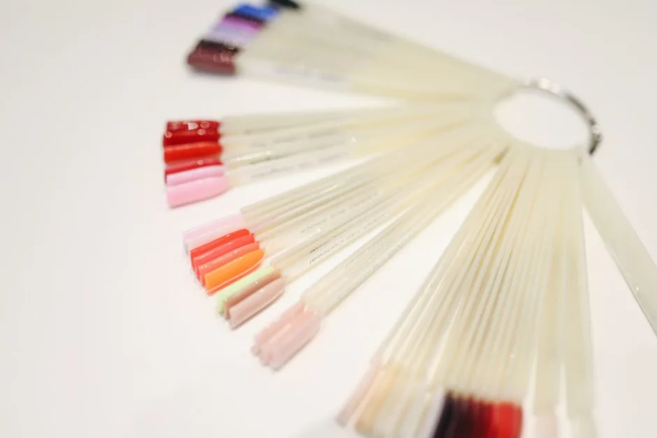 A variety of nail polish samples on display, showcasing vibrant colors for manicure selection.