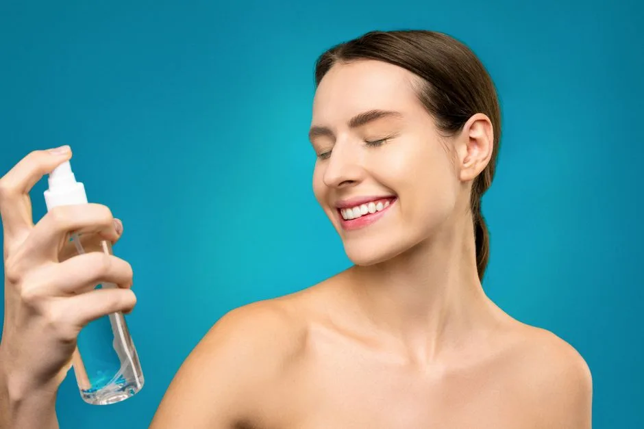 Smiling woman applying a refreshing facial spray for skincare on a vibrant blue background.