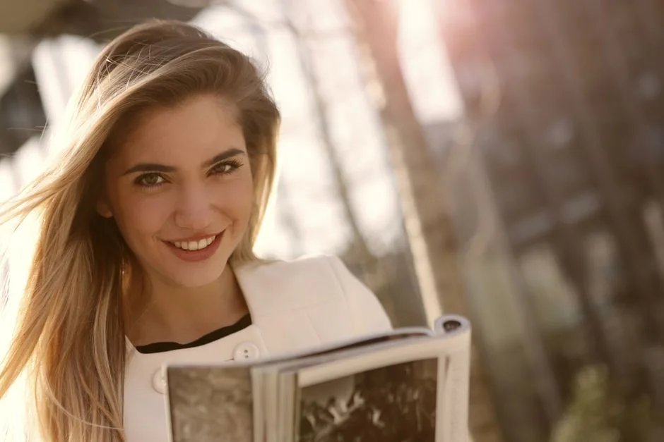 Smiling woman with long blond hair reading a magazine outdoors in sunlight.