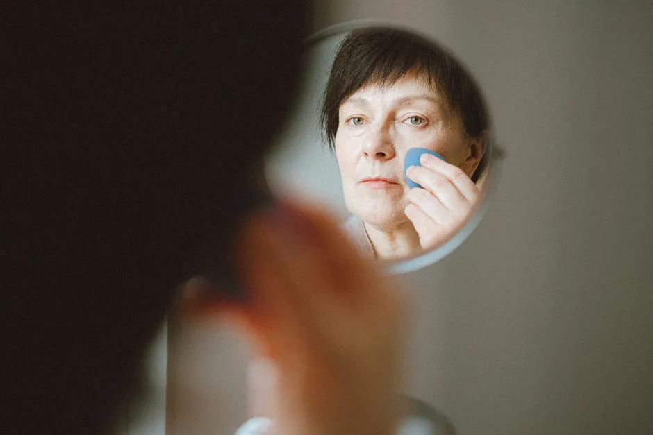 Elderly woman looking at herself in the mirror while applying makeup sponge.