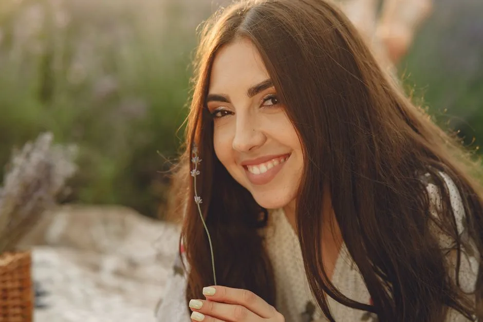 A happy woman with long brunette hair holds a flower outdoors.