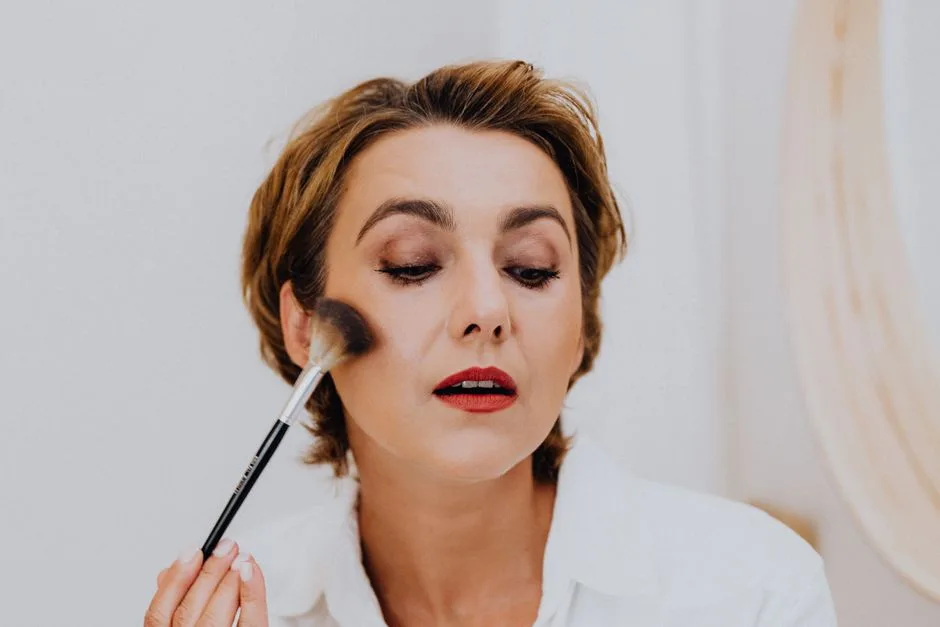 Close-up of an adult woman enhancing her beauty with makeup using a brush, exuding elegance and glamour.