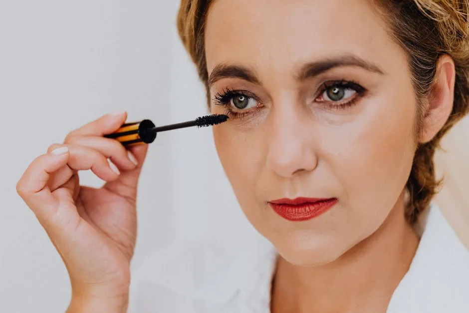 A close-up of an elegant woman applying mascara, showcasing beauty and grace.
