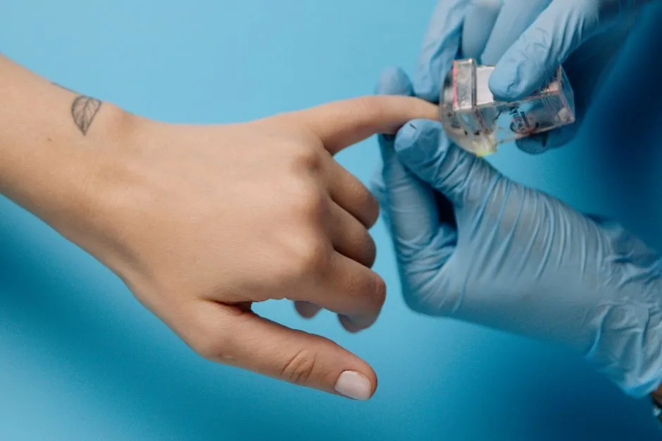 Close-up of a meticulous manicure with blue latex gloves applying nail polish.
