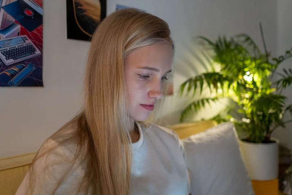 Blonde teen relaxing at home with soft lighting, surrounded by decor and plants.