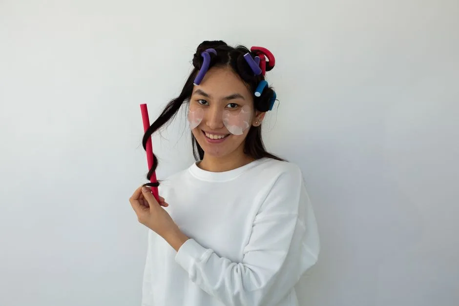Content Asian female with moisturizing eye patches on cheeks and hair rollers looking at camera on white background