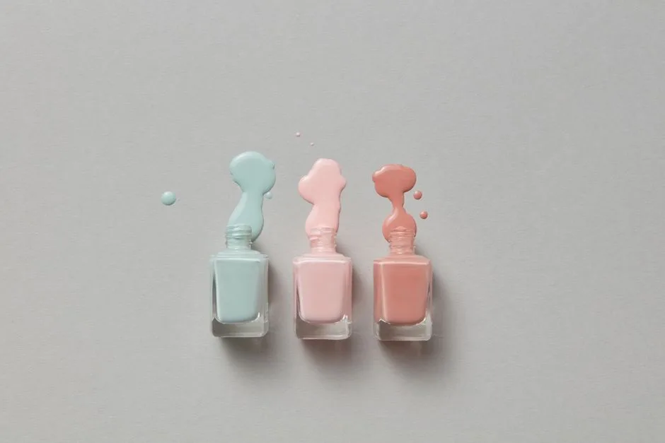 Pastel nail polish bottles with vibrant spills on a gray background.