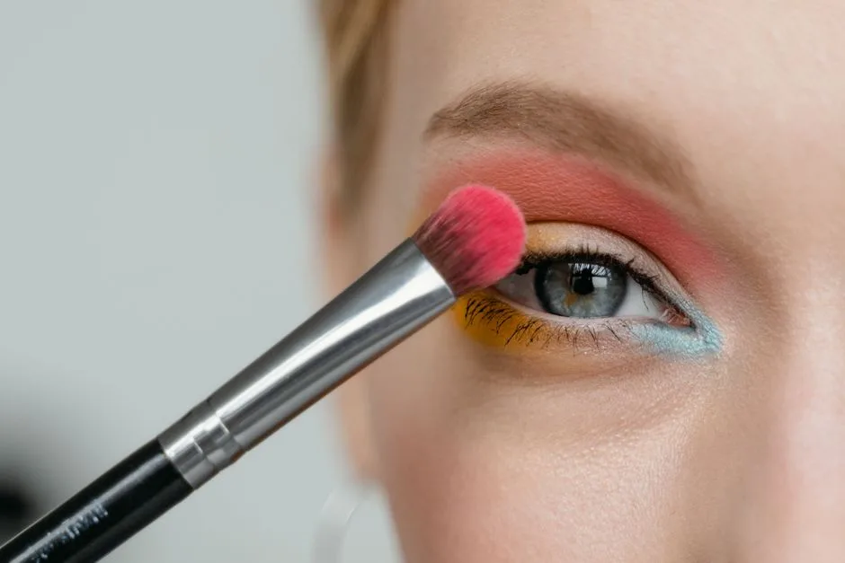 Close-up of a woman's eye with colorful makeup being applied with a brush.