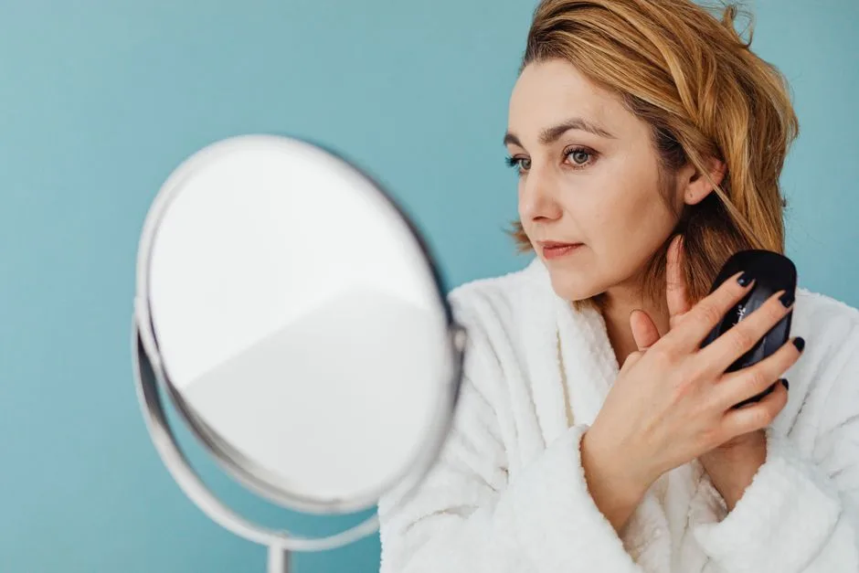 A woman brushes her hair in front of a mirror with a pastel blue background.