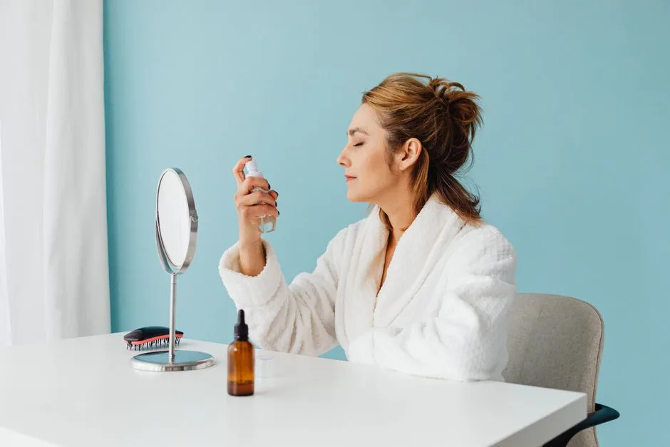 Woman in bathrobe using a spray bottle for skincare during a self-care routine indoors.
