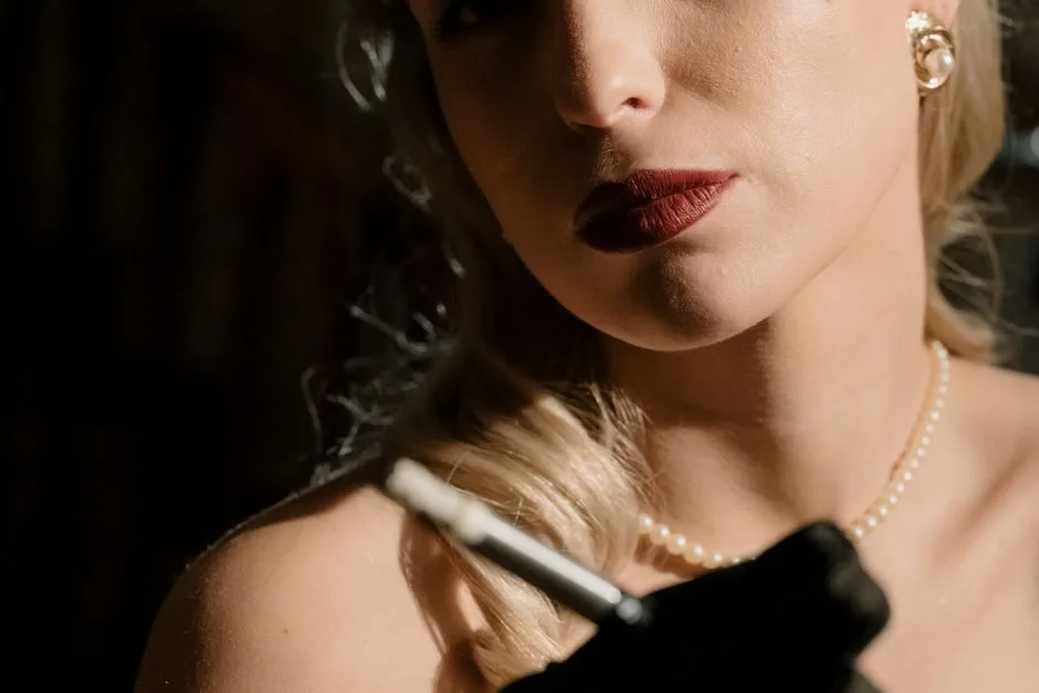 Elegant noir style portrait of a woman with red lips and pearl necklace, exuding classic glamour and mystery.