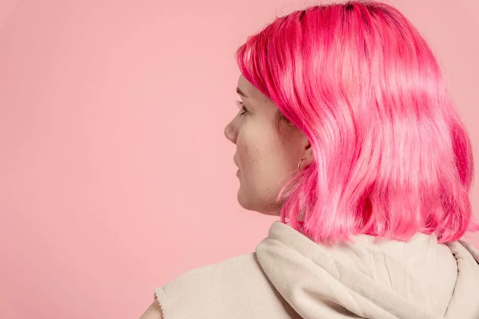 Back view of anonymous young female with dyed hair in casual outfit standing on pink background in modern light studio