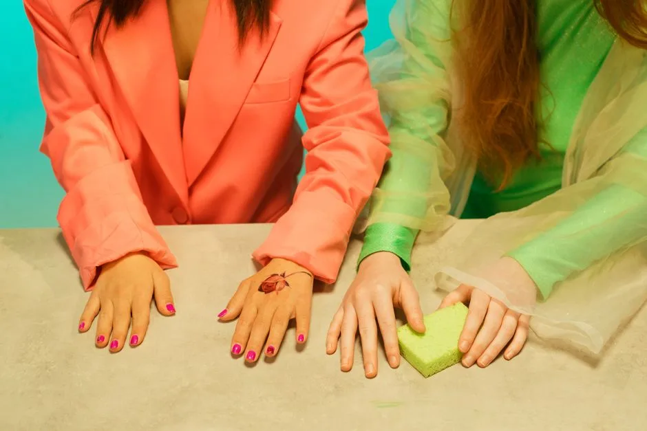 Stylish image of hands with manicure and temporary tattoos showcasing fashion trends.