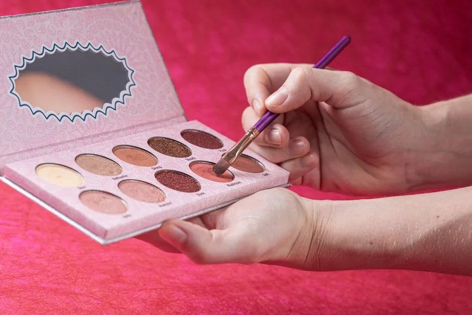 Close-up of hands holding and using an eye shadow palette with makeup brush on pink background.