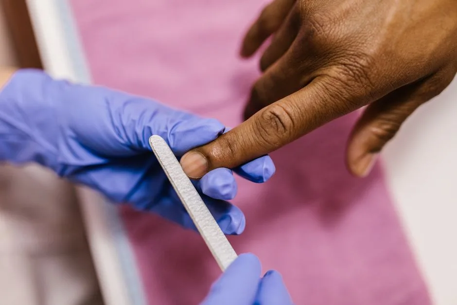 Close-up of a manicure being performed with a nail file on a hand.