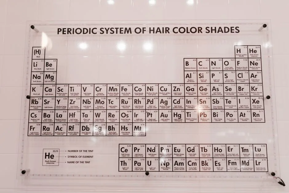Artistic display of hair color shades arranged like a periodic table in a salon.