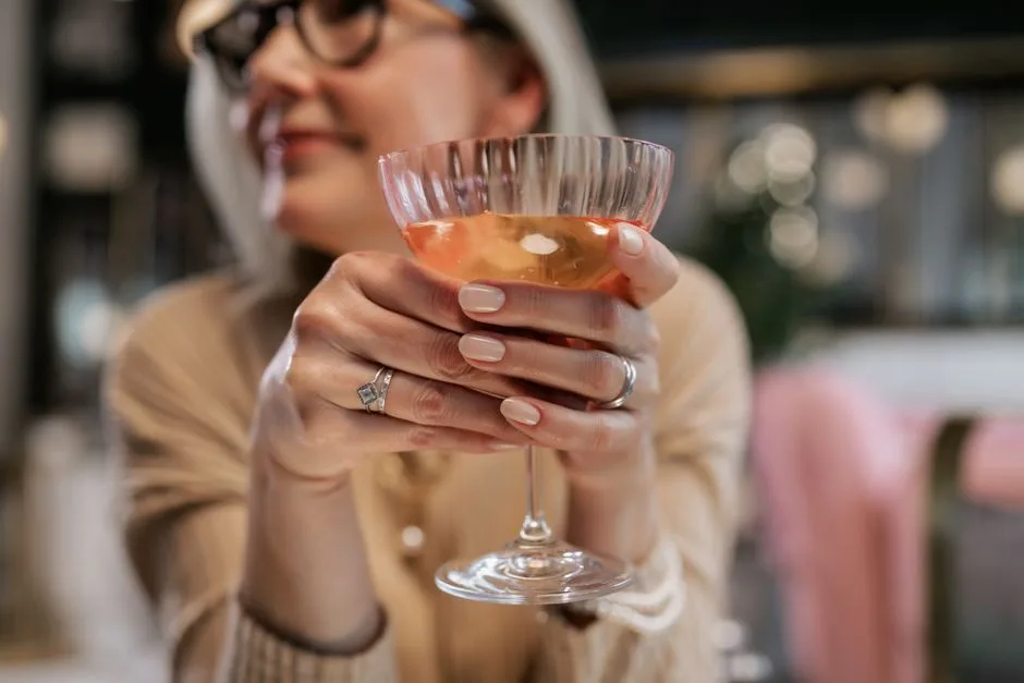 Close-up of a woman holding a wine glass, showcasing manicured nails and a diamond ring.
