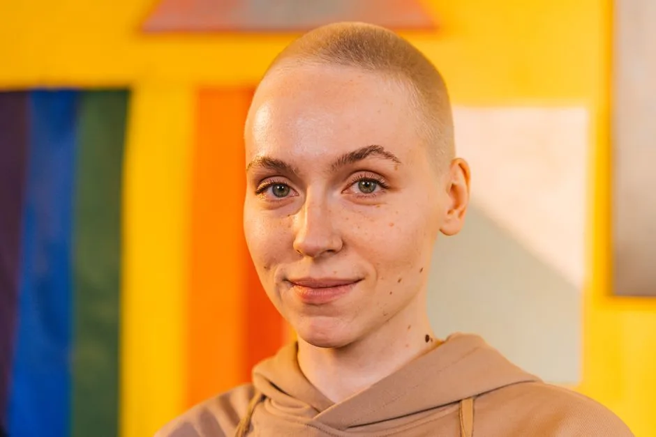 Portrait of a smiling woman with short hair in front of a vibrant, colorful background.