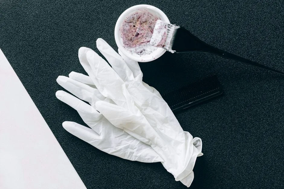Flat lay of hairdressing tools including dye brush, latex gloves, hair dye bowl, and comb.