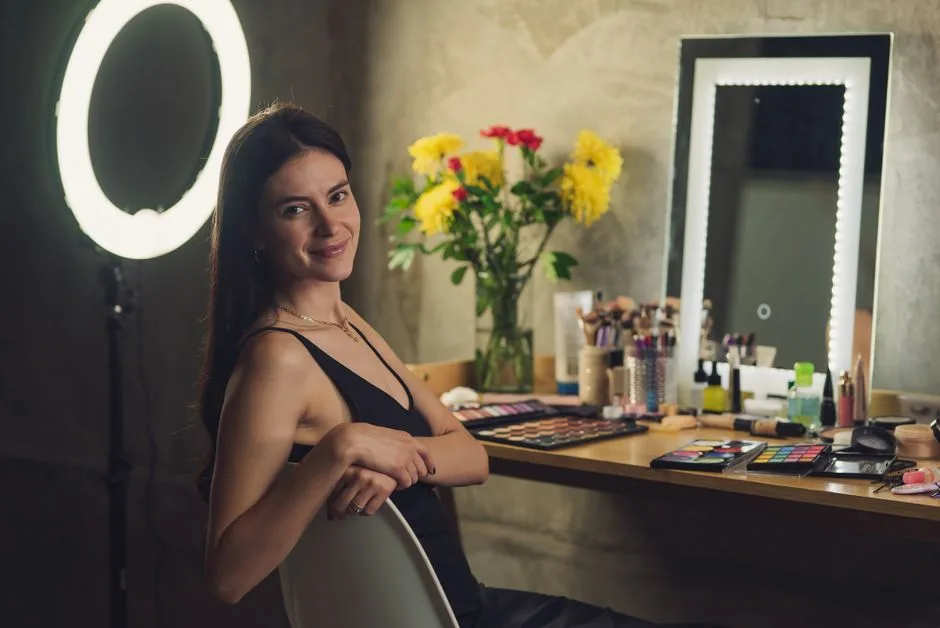 Woman sitting at a makeup station with flowers, cosmetics, and a ring light, smiling at the camera.