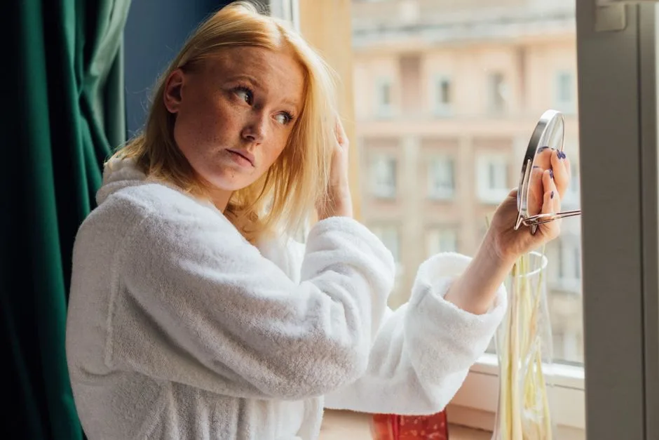 A woman in a white bathrobe looking in a mirror by the window.