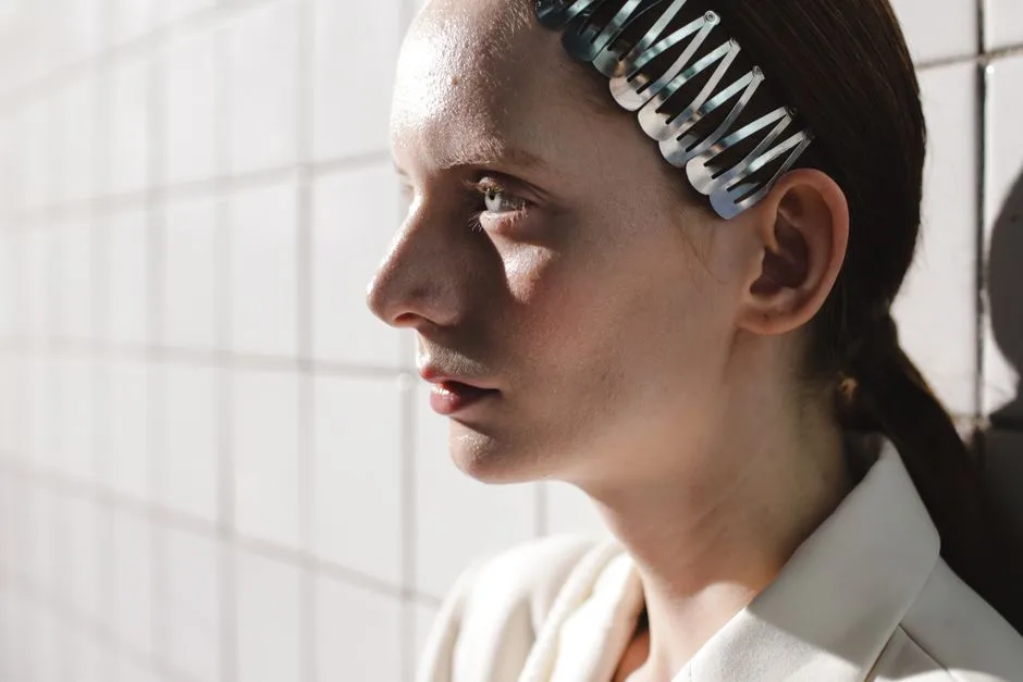 Portrait of a woman with a hair clip, showcasing natural beauty and contemplation.