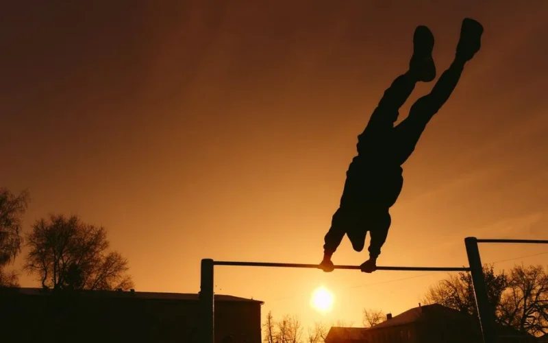 A silhouetted athlete performs on a pull-up bar against a vibrant sunset sky.