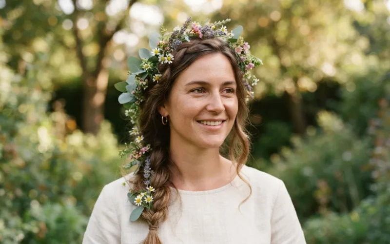 a woman with fresh flowers woven into her hair