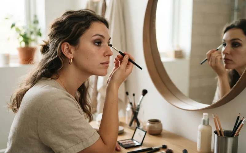a woman applying eye makeup in front of a mirror