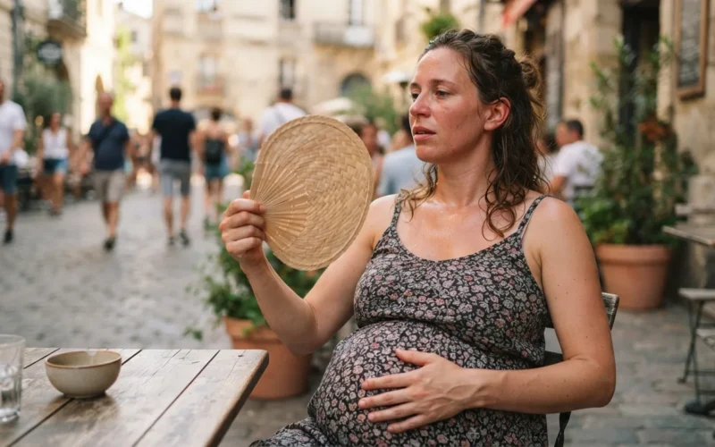 a pregnant woman fanning herself in hot weather