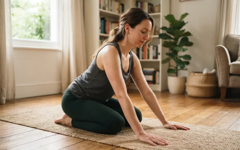 a person doing a gentle back stretch on a mat at home
