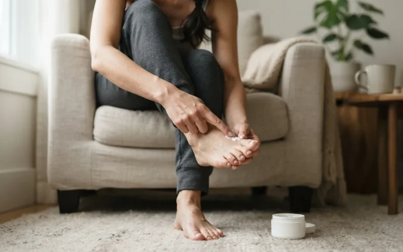 a person applying cream to their toenails