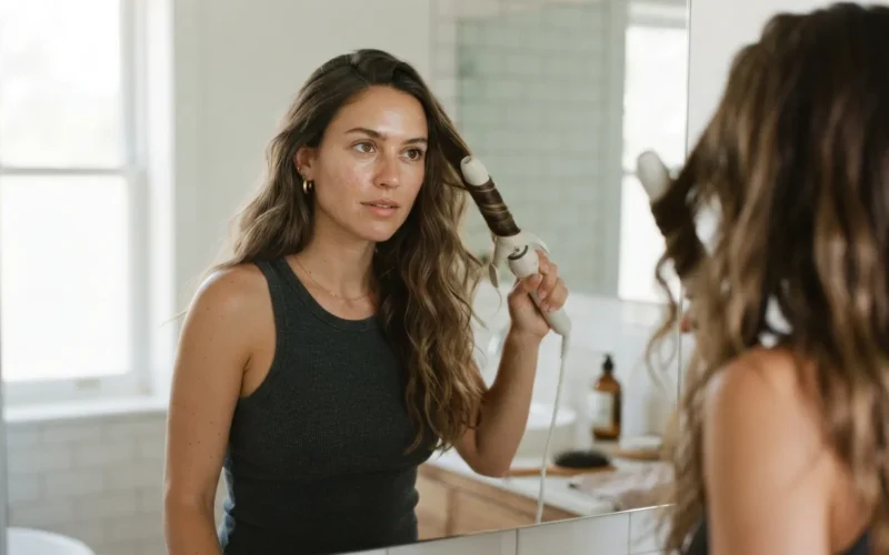 a woman styling her long hair in a mirror