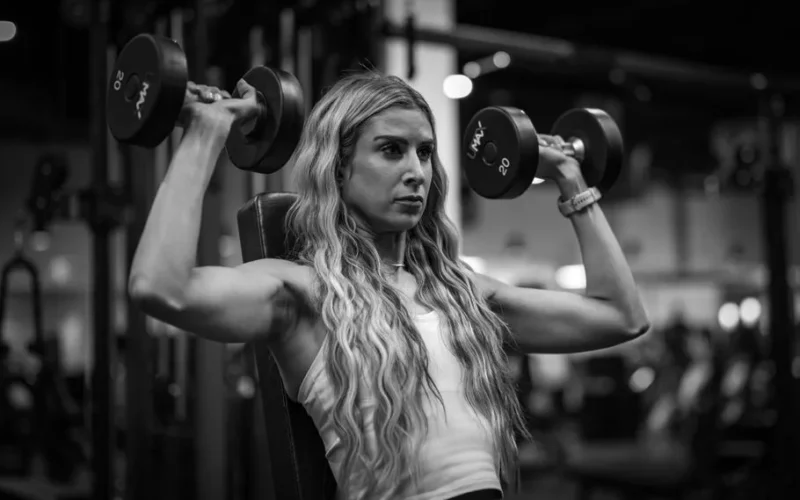 Focused woman working out with dumbbells on a weight bench in a gym setting.