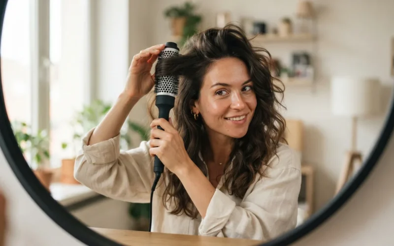 a woman adding volume to her hair with styling tools