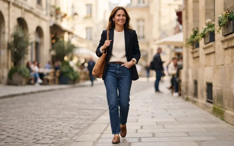 a stylish woman in her 40s wearing high-waist jeans