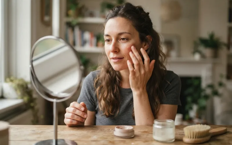 a woman applying makeup with her fingers
