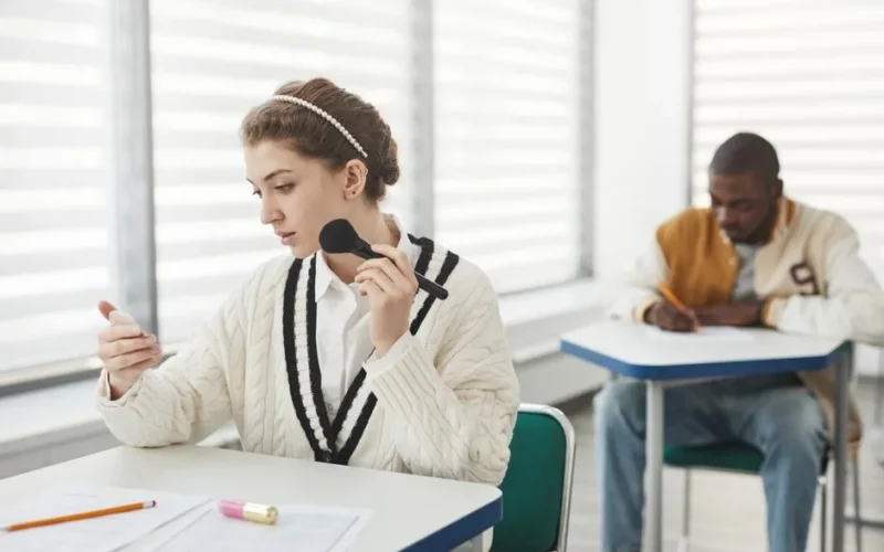 Two diverse students in a classroom, one using makeup, the other taking notes.