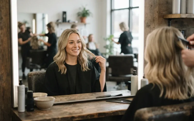 a woman with blonde hair at a salon mirror