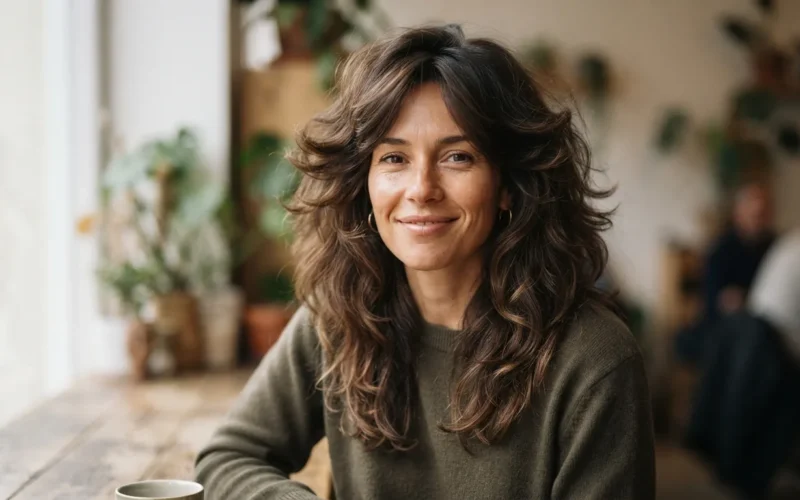 a woman with voluminous layered hair