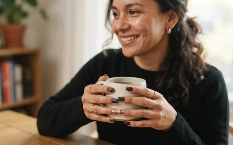 a woman with festive nail art
