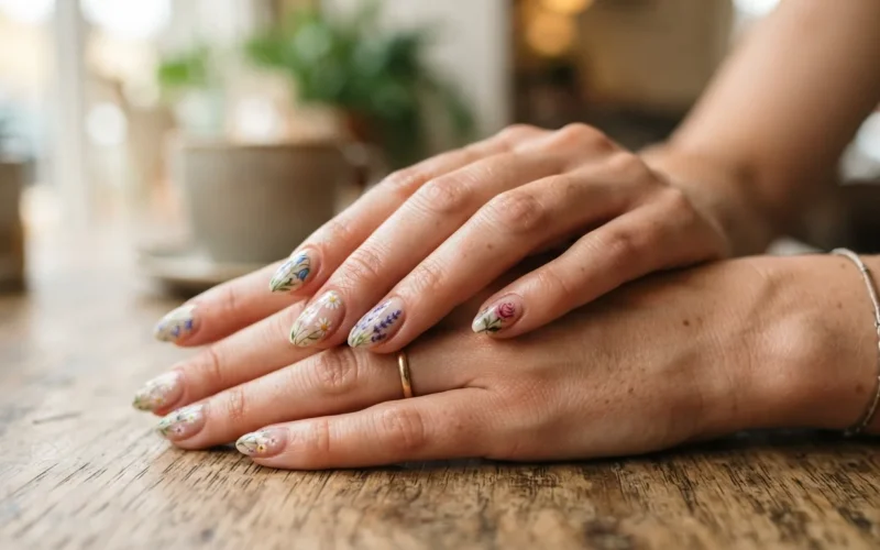 a woman's hands with floral nail art