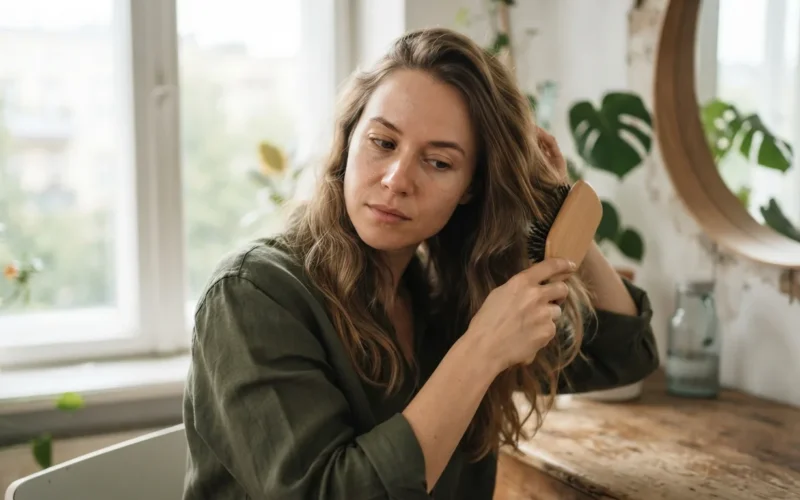 a person brushing their hair