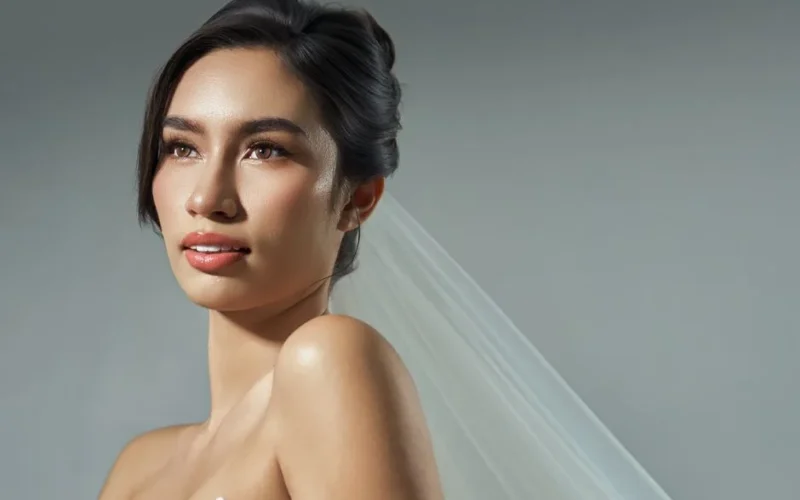Portrait of a bride in soft lighting. Captures elegance and beauty with a focus on her serene expression.